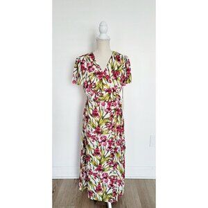 June & Hudson Pink Green Floral Wrap Dress Flutter Cottagecore Midi Maxi Long M